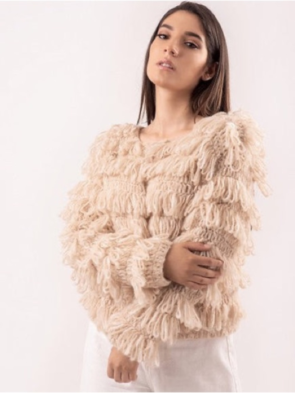 Astr Fringe Loop Knit Sweater in Light Beige